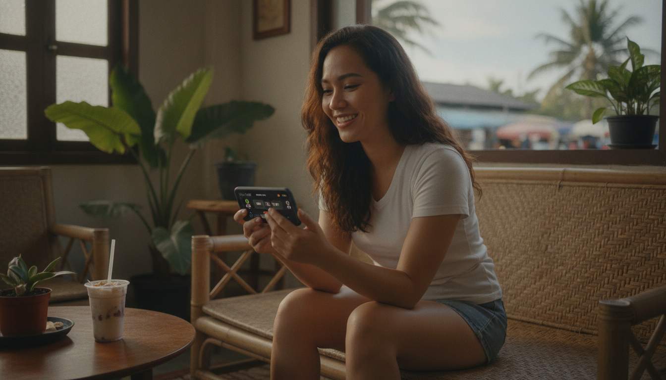 Filipina Betting on Sports via Mobile Filipina woman enjoying sports betting on mobile device