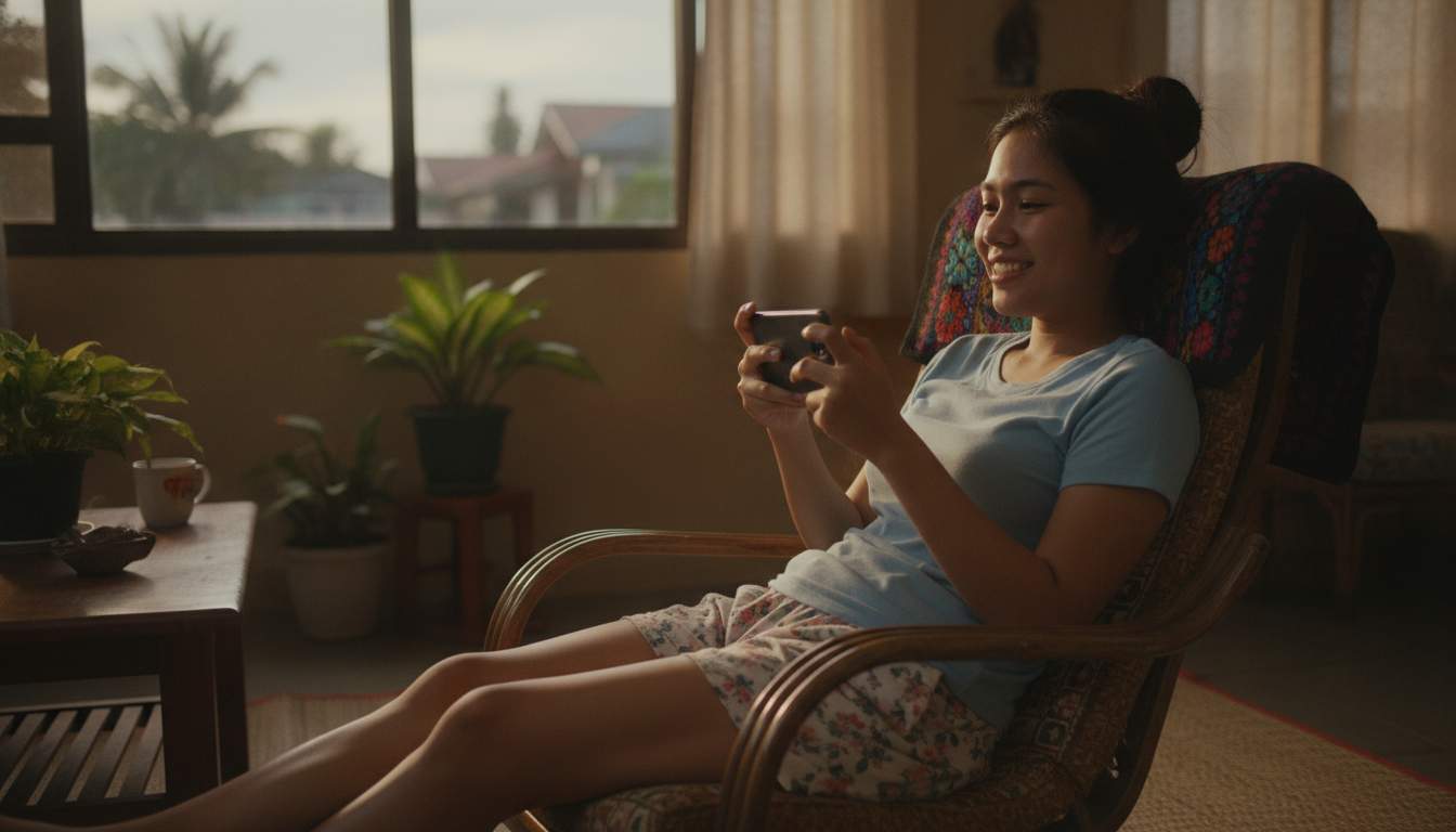 Slots excitement on mobile for Filipinos Filipina woman enjoying online slot games on her smartphone