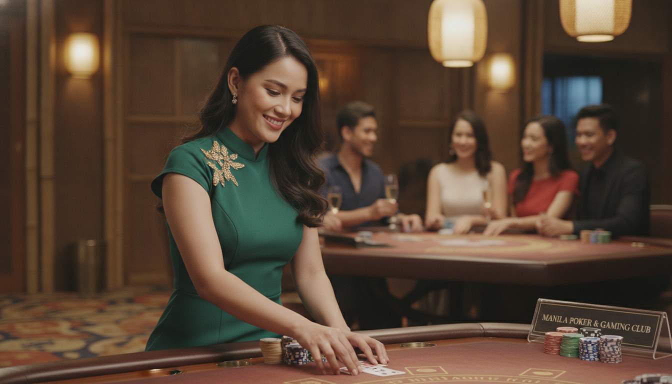 Filipina live dealer streaming from a studio Filipina live dealer hosting a casino game online