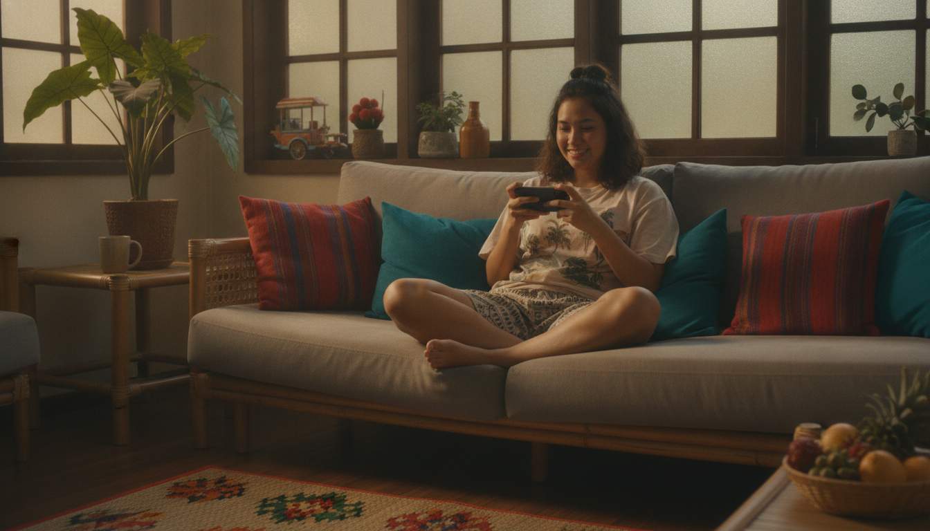 Filipina woman in a casual setting playing on mobile Filipina woman enjoying online casino games on her phone