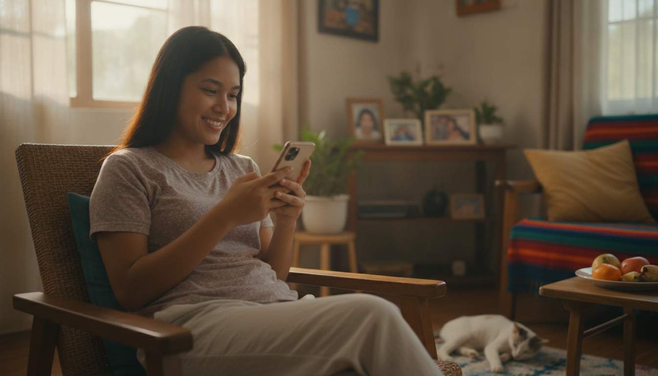 Happy Filipina enjoying online casino games Filipina woman enjoying online gaming on her mobile device