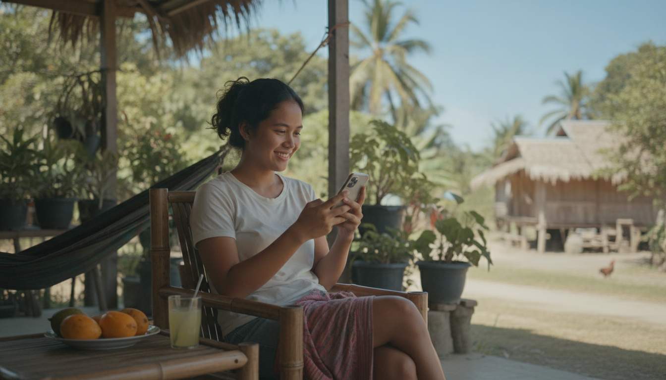 Filipina woman playing slots at YYPH Filipina woman enjoying slots games on her mobile device